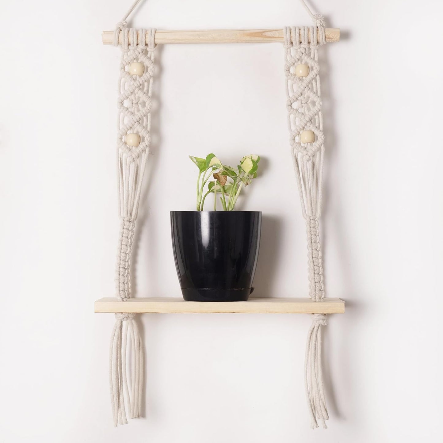 Decazone ® Macrame Wall Hanging Shelf Wood Floating Shelves with Wooden Dowel Modern Chic Woven Decor for Dorm Living Room Nursery Beige 55 x 43 cm (Wall Decor)