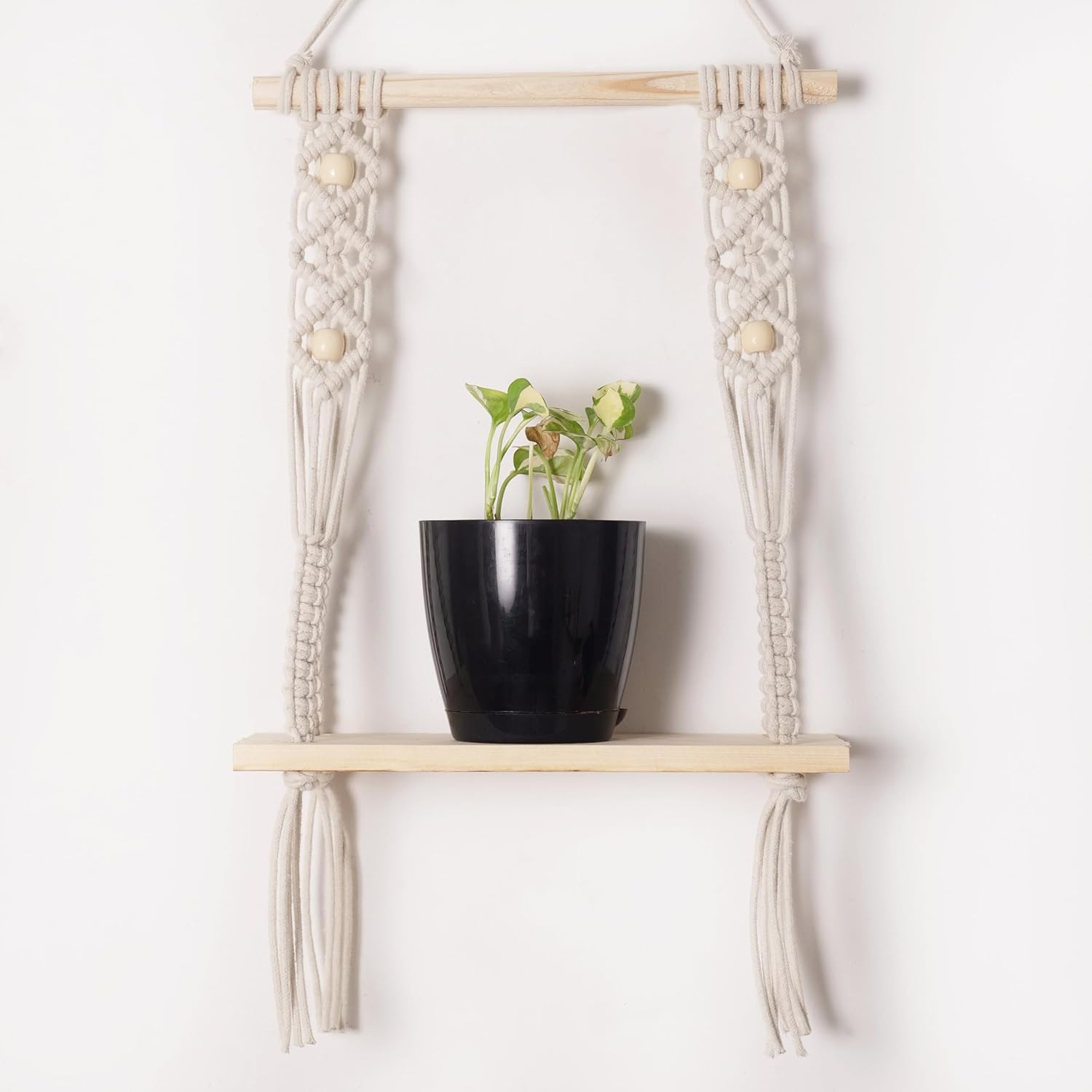 Decazone ® Macrame Wall Hanging Shelf Wood Floating Shelves with Wooden Dowel Modern Chic Woven Decor for Dorm Living Room Nursery Beige 55 x 43 cm (Wall Decor)