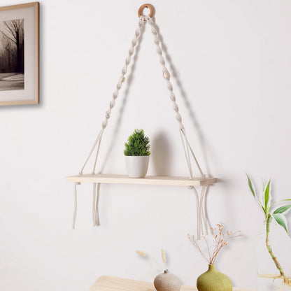 Decazone ® Macrame Wall Hanging Shelf Wood Floating Shelves with Wooden Dowel Modern Chic Woven Decor for Dorm Living Room Nursery Beige 55 x 43 cm (Wall Decor)