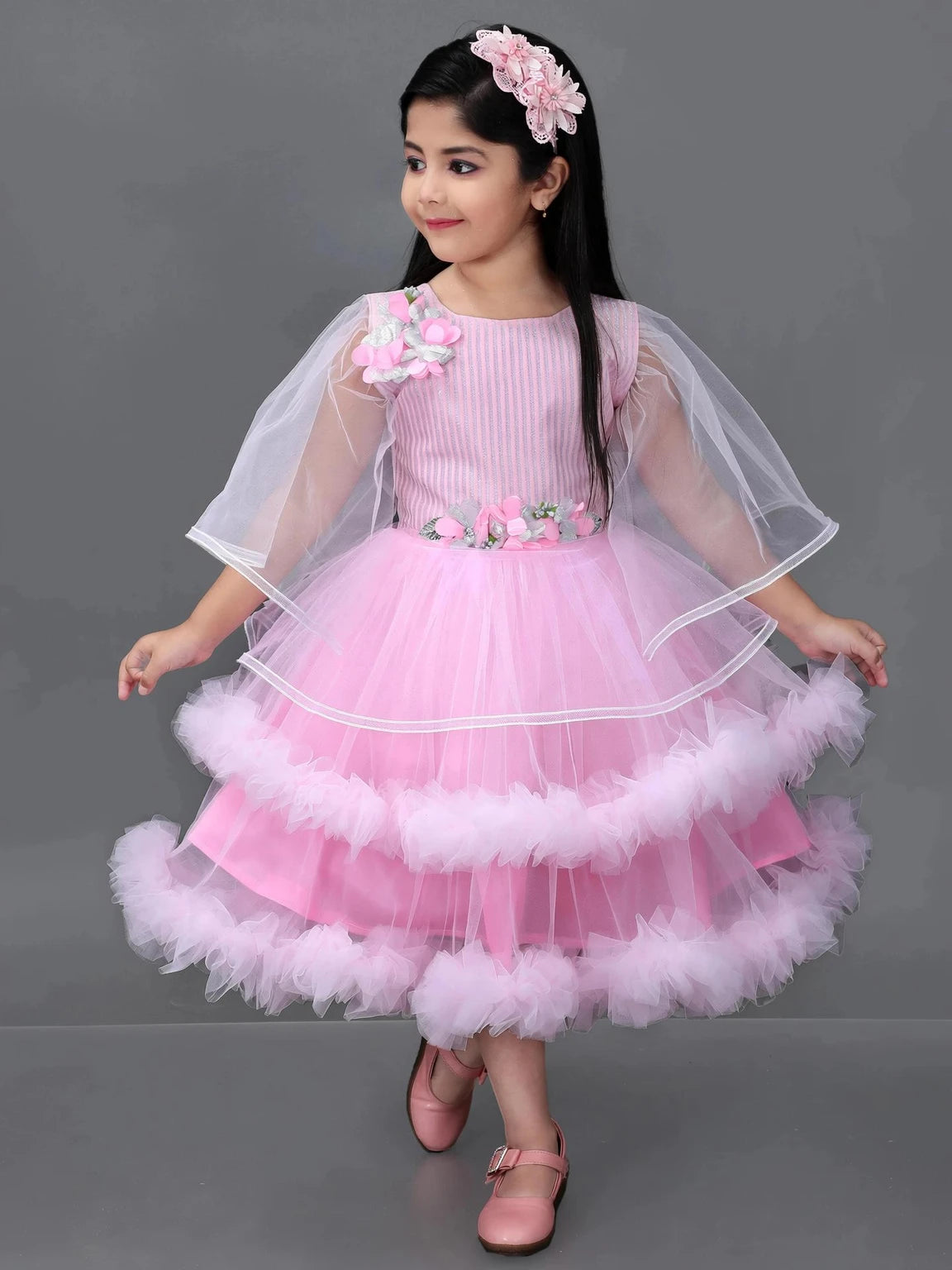 Girls' Pink & Sky Blue Net Fit & Flare Dress | Elegant Party, Festive & Wedding Wear