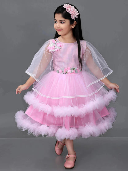 Girls' Pink & Sky Blue Net Fit & Flare Dress | Elegant Party, Festive & Wedding Wear