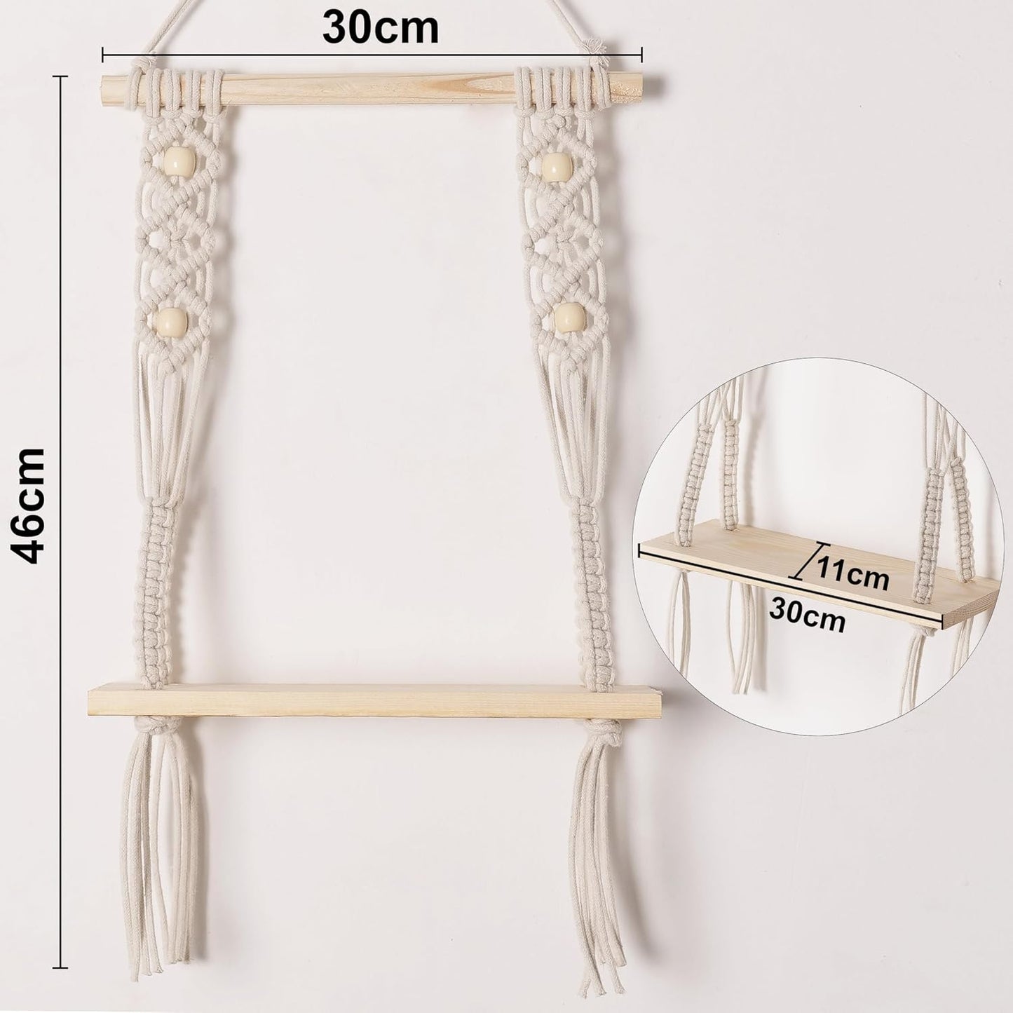 Decazone ® Macrame Wall Hanging Shelf Wood Floating Shelves with Wooden Dowel Modern Chic Woven Decor for Dorm Living Room Nursery Beige 55 x 43 cm (Wall Decor)