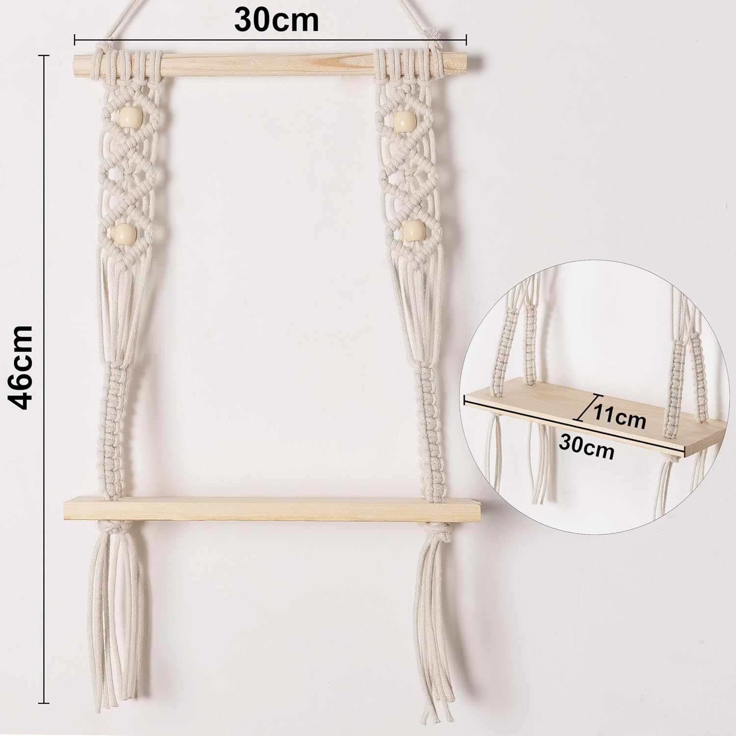 Decazone ® Macrame Wall Hanging Shelf Wood Floating Shelves with Wooden Dowel Modern Chic Woven Decor for Dorm Living Room Nursery Beige 55 x 43 cm (Wall Decor)