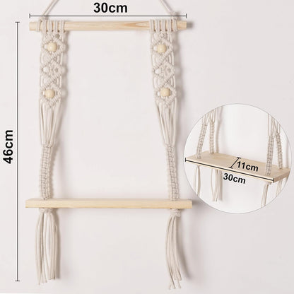 Decazone ® Macrame Wall Hanging Shelf Wood Floating Shelves with Wooden Dowel Modern Chic Woven Decor for Dorm Living Room Nursery Beige 55 x 43 cm (Wall Decor)