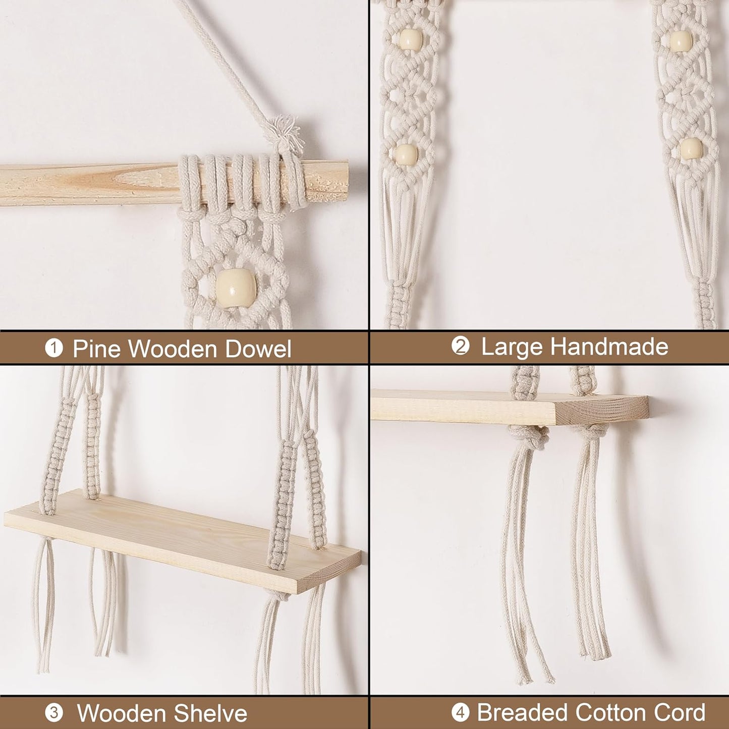 Decazone ® Macrame Wall Hanging Shelf Wood Floating Shelves with Wooden Dowel Modern Chic Woven Decor for Dorm Living Room Nursery Beige 55 x 43 cm (Wall Decor)