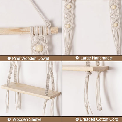 Decazone ® Macrame Wall Hanging Shelf Wood Floating Shelves with Wooden Dowel Modern Chic Woven Decor for Dorm Living Room Nursery Beige 55 x 43 cm (Wall Decor)