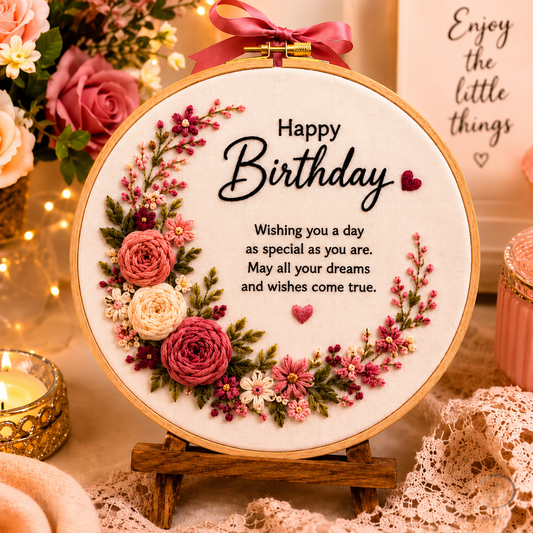 'Customisable' Handmade Happy Birthday Embroidery Hoop | Personalized Floral Birthday Gift | Decorative Wall & Table Decor(***NO RETURN***)
