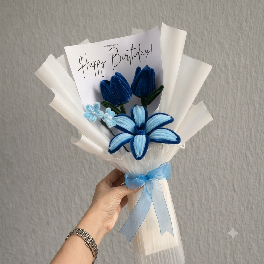 Handmade Velvet Floral Bouquet with Happy Birthday