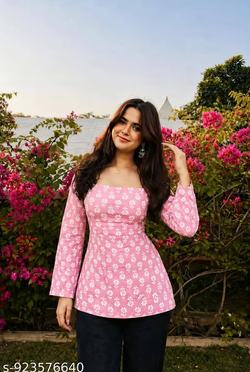 Women's Pink Floral Printed Rayon Straight Kurti | Elegant Bell Sleeve Casual & Ethnic Wear