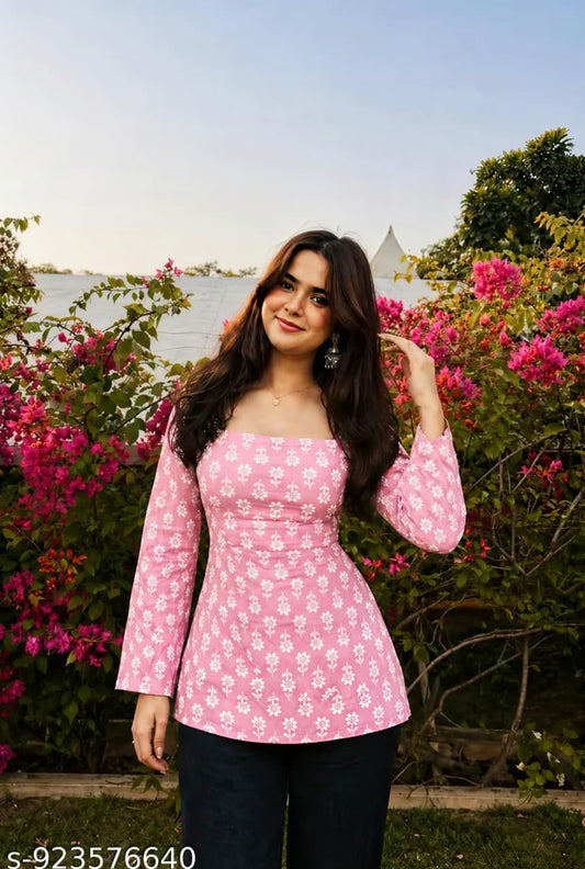 Women's Pink Floral Printed Rayon Straight Kurti | Elegant Bell Sleeve Casual & Ethnic Wear