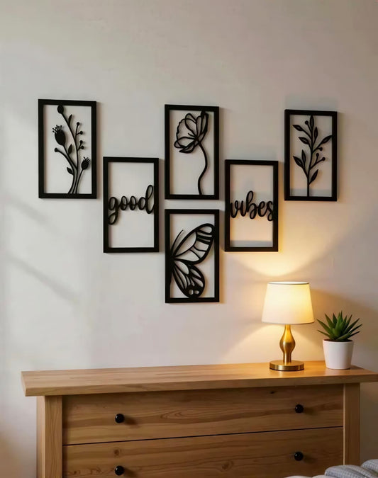 Wooden Wall Decor Set of 6 | Ready-to-Hang MDF Wall Art for Living Room, Bedroom & Home Decoration