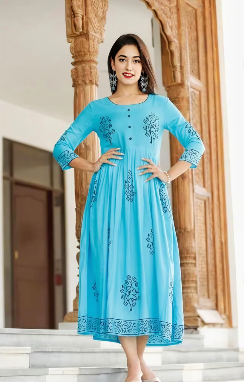 Rayon Hand Block Printed Long Flared Anarkali Kurti