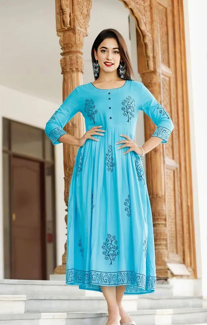 Rayon Hand Block Printed Long Flared Anarkali Kurti