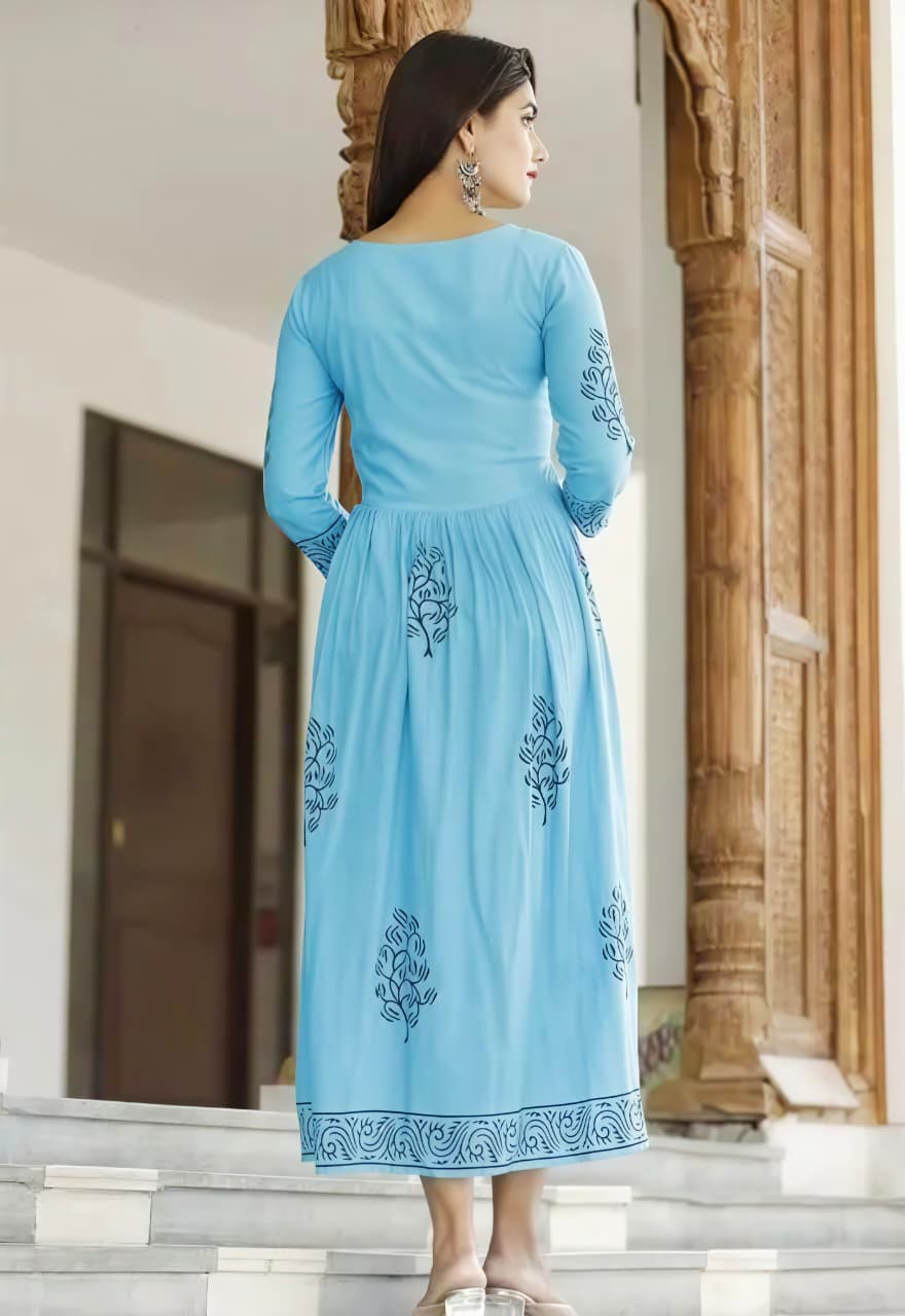 Rayon Hand Block Printed Long Flared Anarkali Kurti