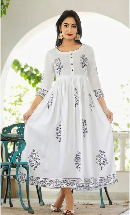 Women's Rayon Hand Block Printed Long Flared Anarkali Kurti