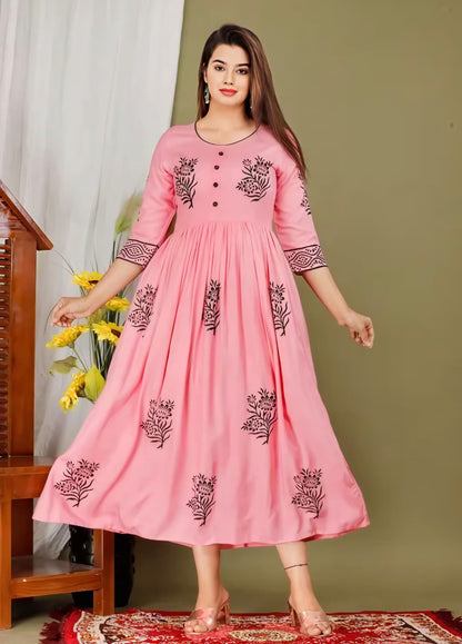 Fashion Women's Rayon Printed Jaipuri Kurta | Round Neck Block Print Ethnic Kurti for Daily & Festive Wear