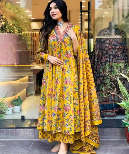 Women's Mustard Rayon Kurta Set with Palazzo & Mulmul Dupatta