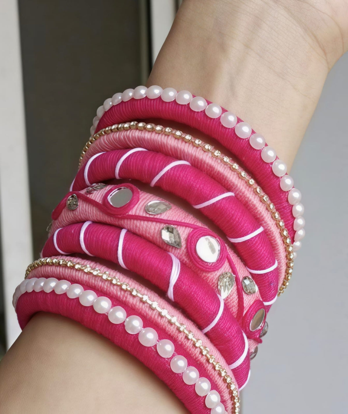 Handcrafted Rani Pink Mirror & Pearl Bangle Set
