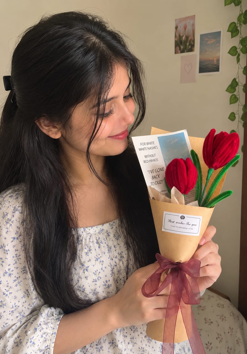 Handcrafted Red Tulip Bouquet with Gift Wrapping & Ribbon