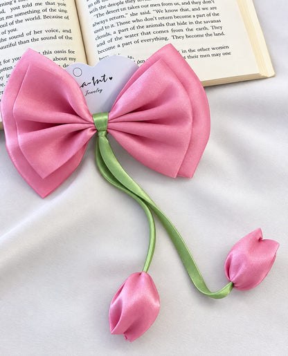 Pink Satin Bow Hair Accessory with Tulip Floral Details