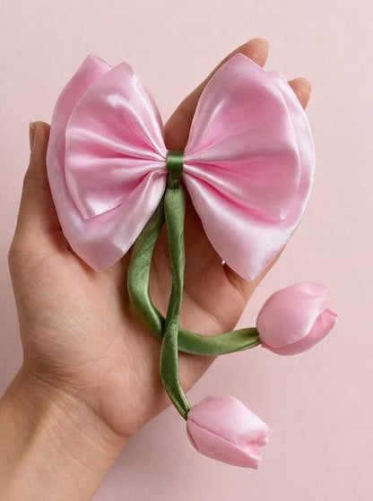 Pink Satin Bow Hair Accessory with Tulip Floral Details