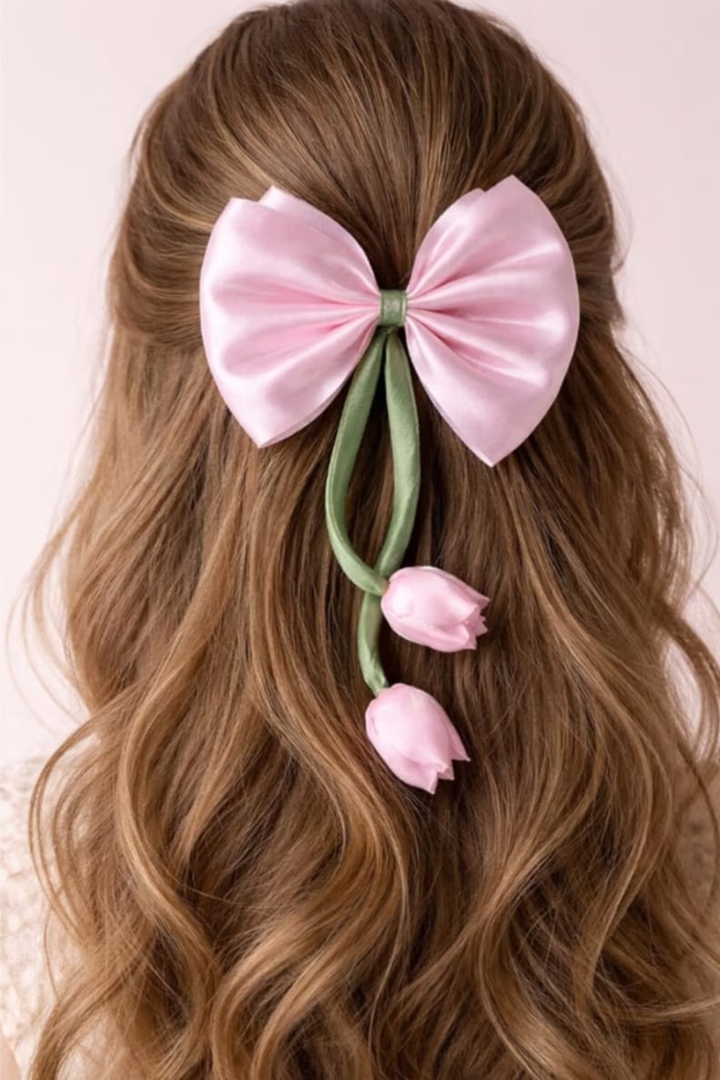 Pink Satin Bow Hair Accessory with Tulip Floral Details