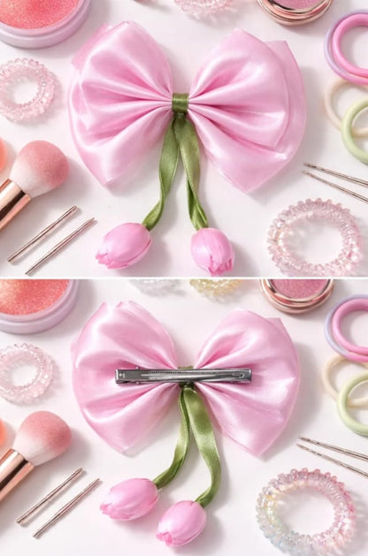 Pink Satin Bow Hair Accessory with Tulip Floral Details