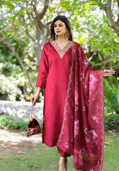 Women's Embroidered Blue Apple Cut Kurti with Patiala Pants & Phulkari Dupatta | 3-Piece Ethnic Party Wear Set