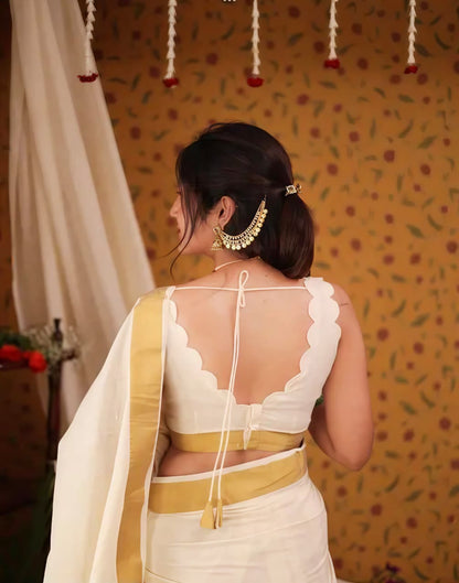 Elegant White & Gold Modern Kasavu Cotton Silk Saree