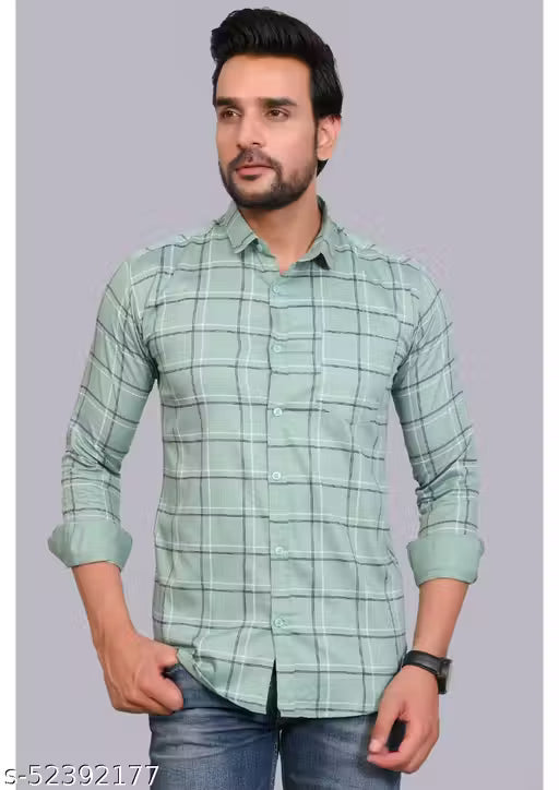 Urbane Partywear Men's 100% Pure Cotton Light Green Checked Cotton Shirt | Full Sleeve Casual & Party Wear