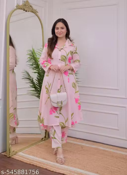 Women's Pink Floral Printed Kurta Set | Cotton Blend A-Line Kurta with Pants