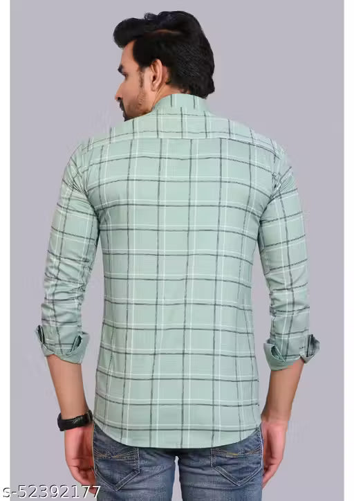Urbane Partywear Men's 100% Pure Cotton Light Green Checked Cotton Shirt | Full Sleeve Casual & Party Wear