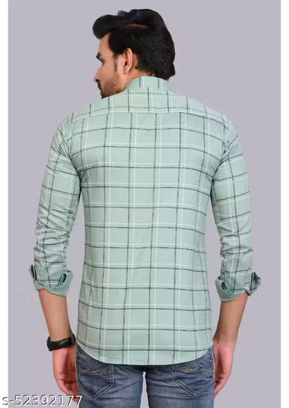 Urbane Partywear Men's 100% Pure Cotton Light Green Checked Cotton Shirt | Full Sleeve Casual & Party Wear