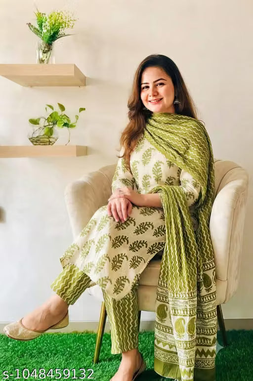 Ethnic Floral Block Printed Cotton Kurta Set with Green Dupatta – 3 Piece Set