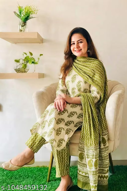 Ethnic Floral Block Printed Cotton Kurta Set with Green Dupatta – 3 Piece Set