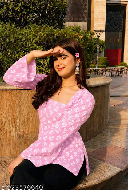 Women's Pink Floral Printed Rayon Straight Kurti | Elegant Bell Sleeve Casual & Ethnic Wear