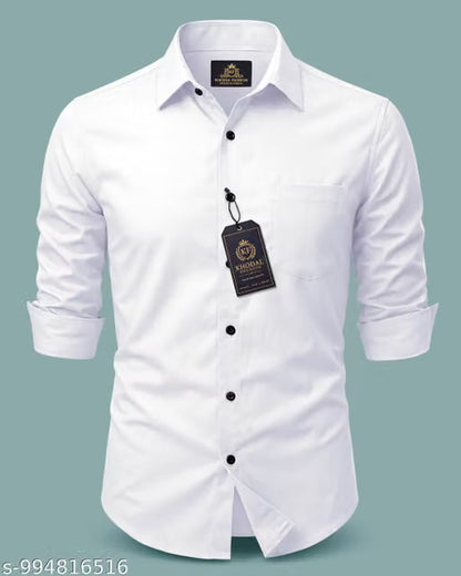 Men’s Cotton Blend Solid Casual Shirt with Pocket – Full Sleeve Regular Fit