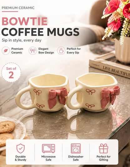 🎀☕ Designer Bow Coffee Mug Set of 2 – Handcrafted Ribbon Style Ceramic Cups