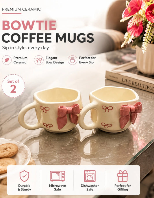 🎀☕ Designer Bow Coffee Mug Set of 2 – Handcrafted Ribbon Style Ceramic Cups