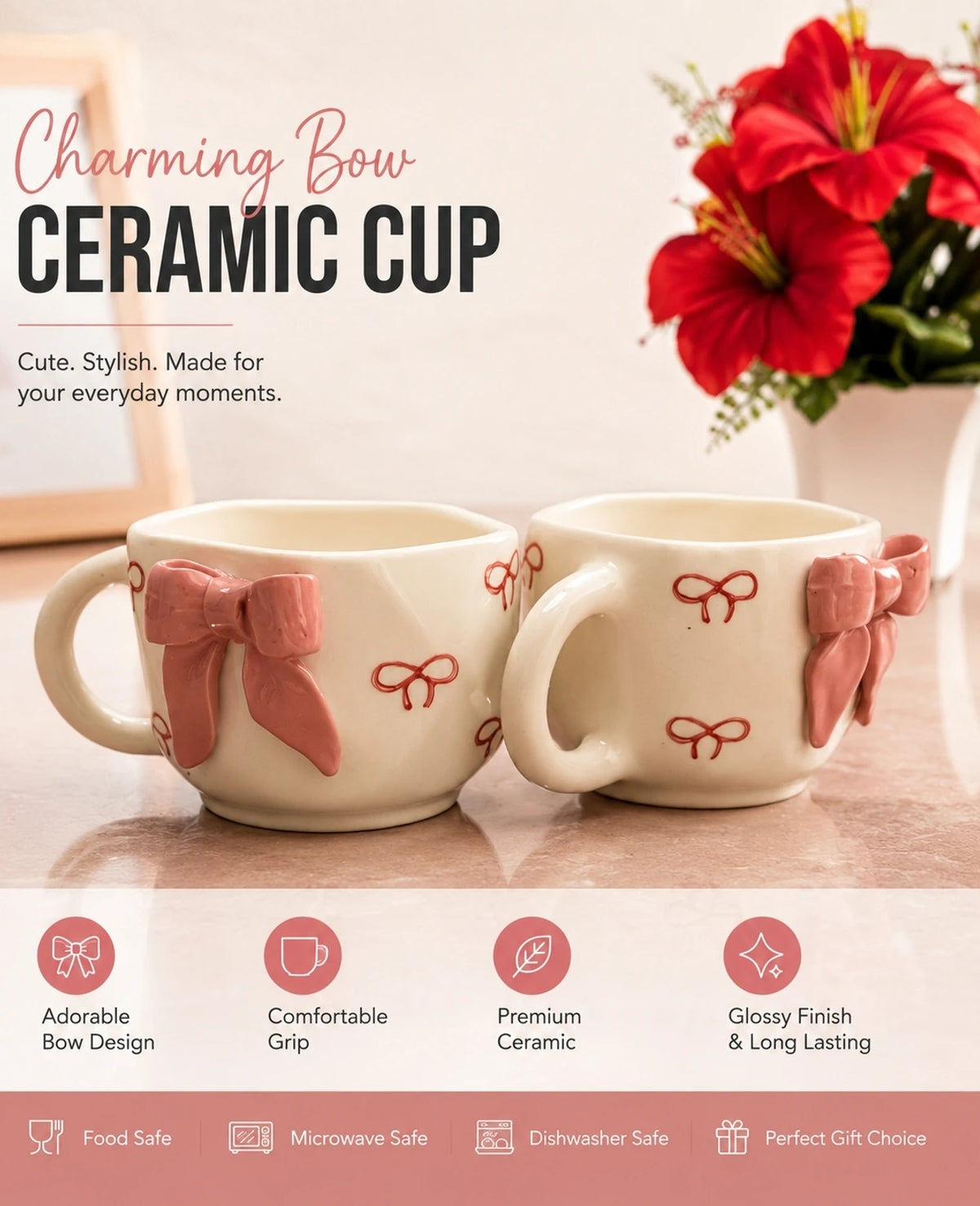 🎀☕ Designer Bow Coffee Mug Set of 2 – Handcrafted Ribbon Style Ceramic Cups