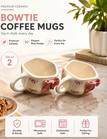 🎀☕ Designer Bow Coffee Mug Set of 2 – Handcrafted Ribbon Style Ceramic Cups