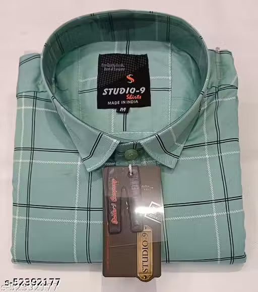 Urbane Partywear Men's 100% Pure Cotton Light Green Checked Cotton Shirt | Full Sleeve Casual & Party Wear
