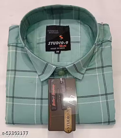 Urbane Partywear Men's 100% Pure Cotton Light Green Checked Cotton Shirt | Full Sleeve Casual & Party Wear