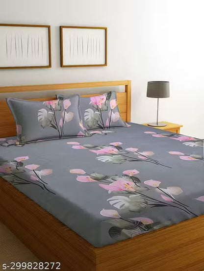 Glace Cotton Bedsheet for Double Bed with Pillow Covers | Soft Floral Flat Bed Sheet Set for Bedroom