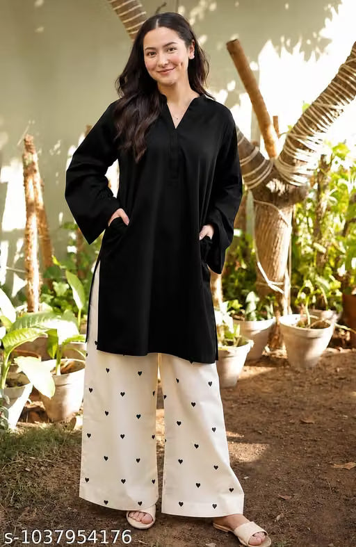 Women's Black Cotton Blend Kurta with Heart Print Palazzo Co-Ord Set