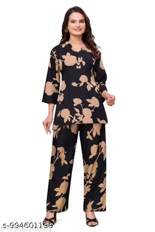 2-Set Women's Printed Crepe High-Low Kurta with Trousers | 2-Piece Ethnic Co-Ord Set for Daily & Festive Wear