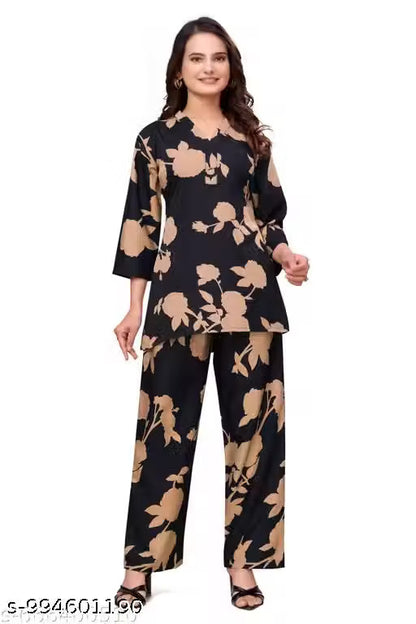2-Set Women's Printed Crepe High-Low Kurta with Trousers | 2-Piece Ethnic Co-Ord Set for Daily & Festive Wear