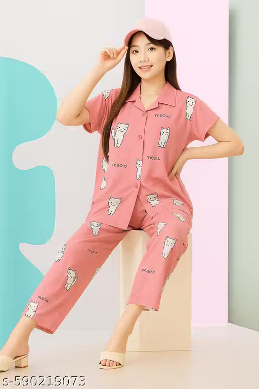Women's Korean Cartoon Print Night Suit Set | Comfortable Sleepwear for Daily Use