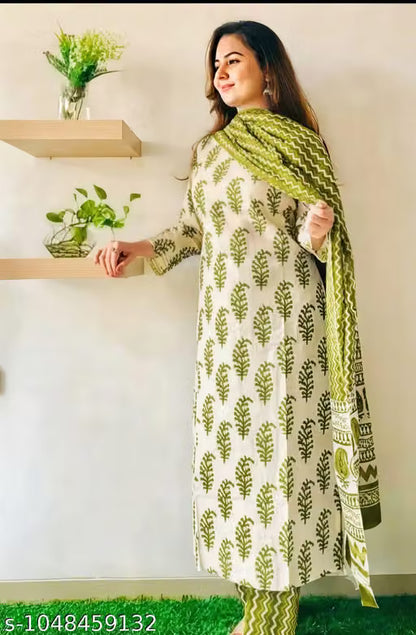 Ethnic Floral Block Printed Cotton Kurta Set with Green Dupatta – 3 Piece Set