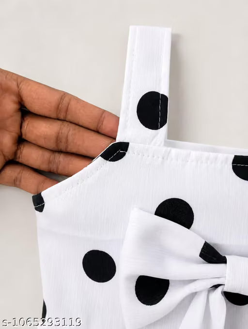 Girls White Polka Dot Sleeveless Frock Dress with Bow